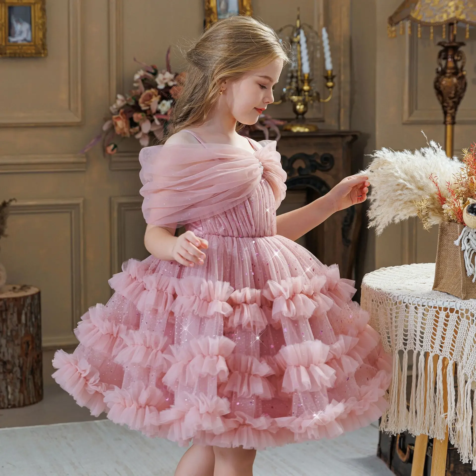 Children Birthday Party Banquet Festival Dress Flower Girl Sleeveless Tulle Layered Cute Princess Dresses Summer Kids Frocks