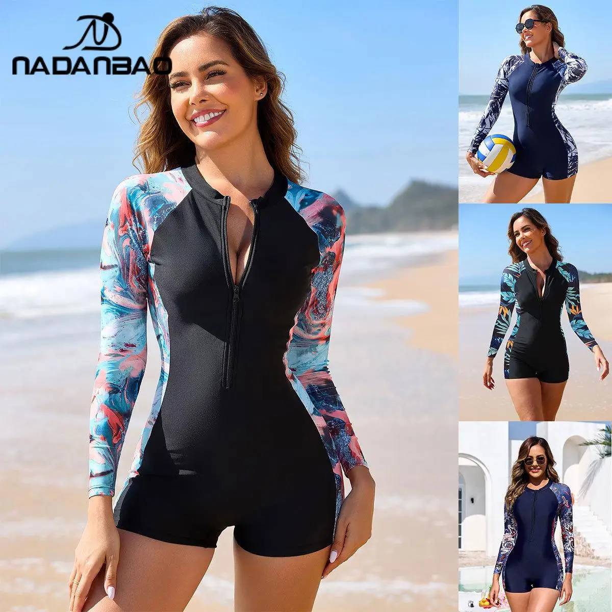 

Женский слитный купальник Nadanbao с принтом листьев, черный, облегающий, для серфинга, с длинным рукавом, на молнии, весенний, женский боди