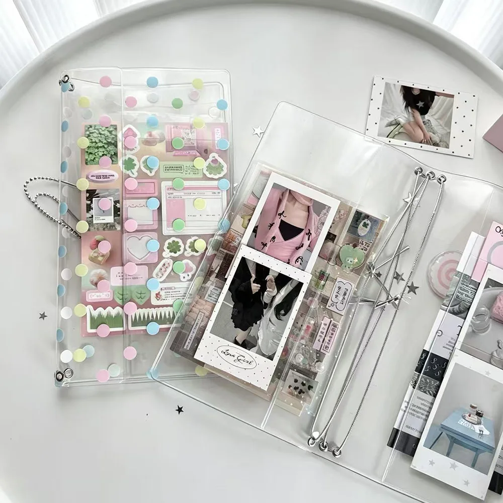 4Pcs Korean Ins Polka Dot PVC Notebook Cover Set with Silver Lanyard Loose Leaf Traveler DIY Journal Shell Kpop Photocard Holder
