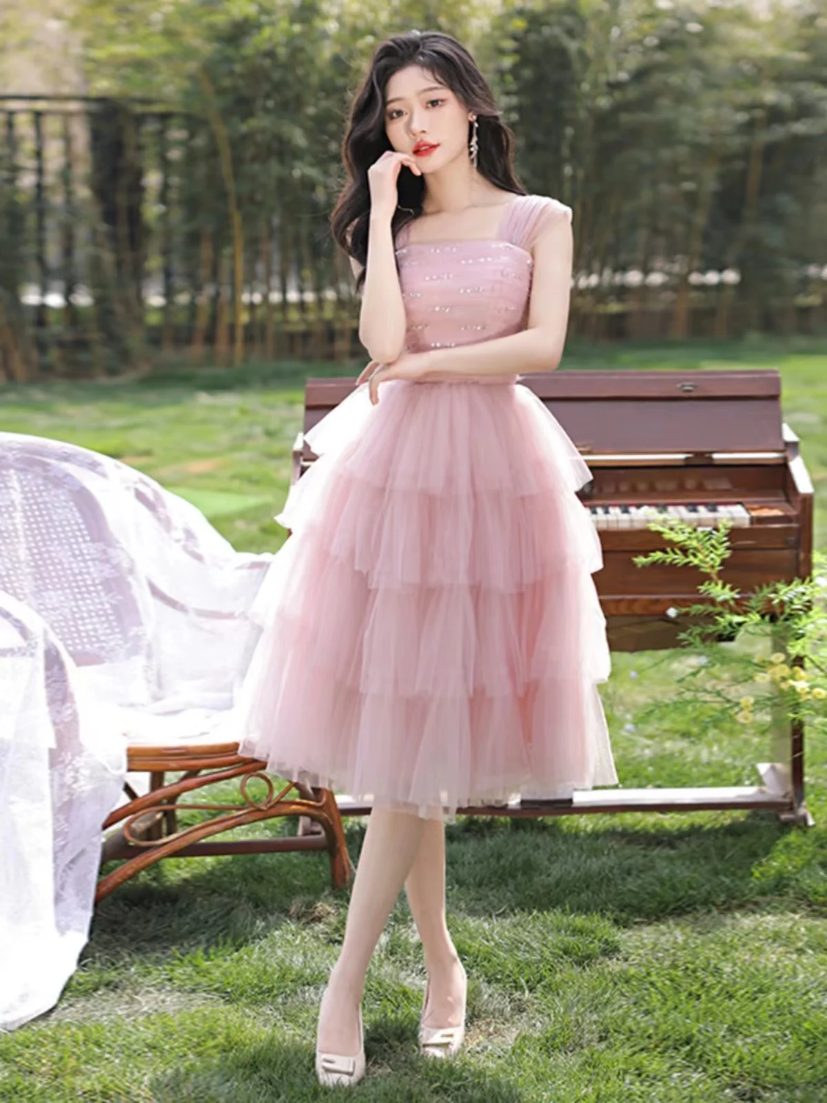 

Pink No. 7 suspender evening dress for women 2024 new travel wedding toast high-end banquet petite dress