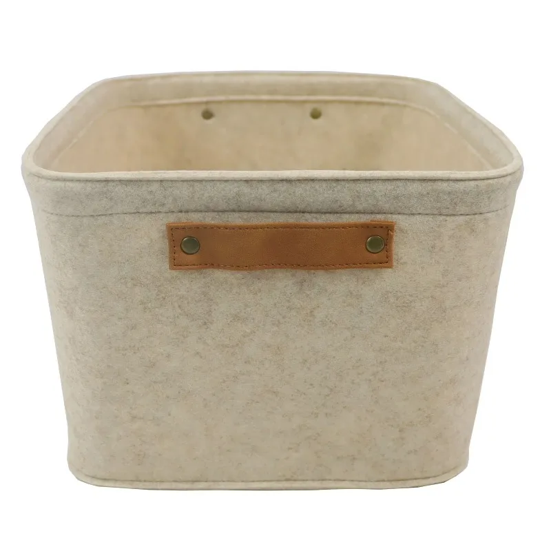 Medium Felt Decorative Storage Basket with Faux Leather Handles, Oatmeal, 15 x 11.02 x 7.87 inches