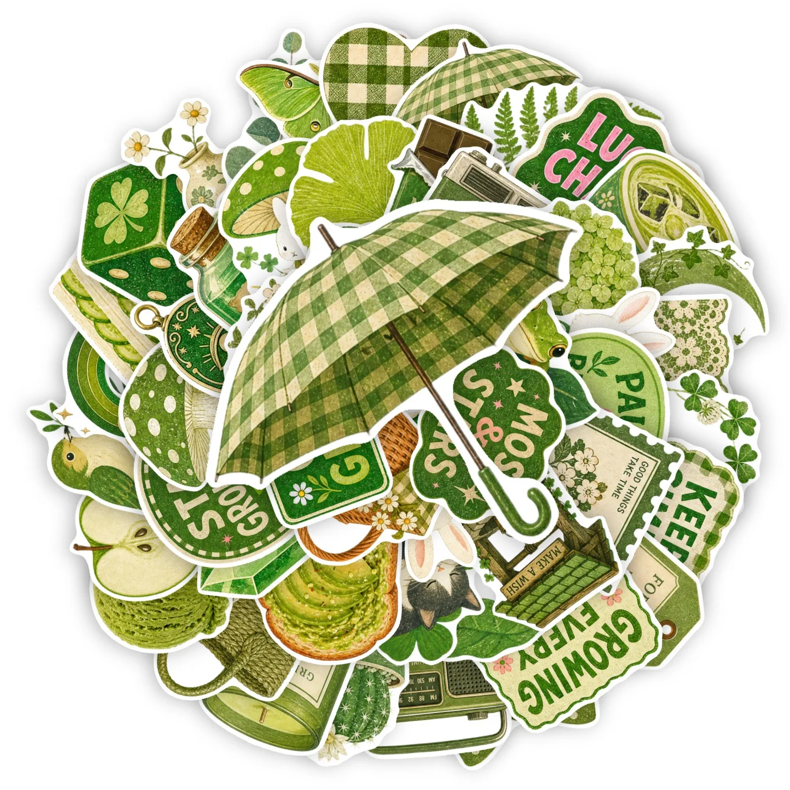 50 PCS Retro Green Series Fresh Mix Match Hand Account Stickers Decorate Scooter Thermos Cup Scrapbook Gift Box Waterproof Decal