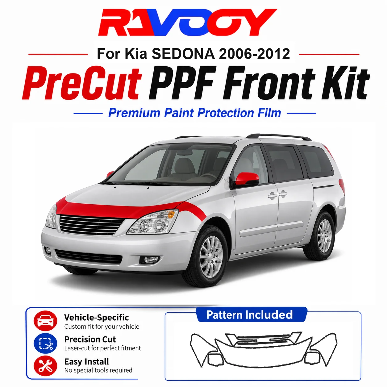 

8.5mil TPU Precut PPF Kit For Kia SEDONA 2006-2012 - Hood, Partial Fenders & Full Mirror Set - Self-Healing Gloss Clear Bra Film