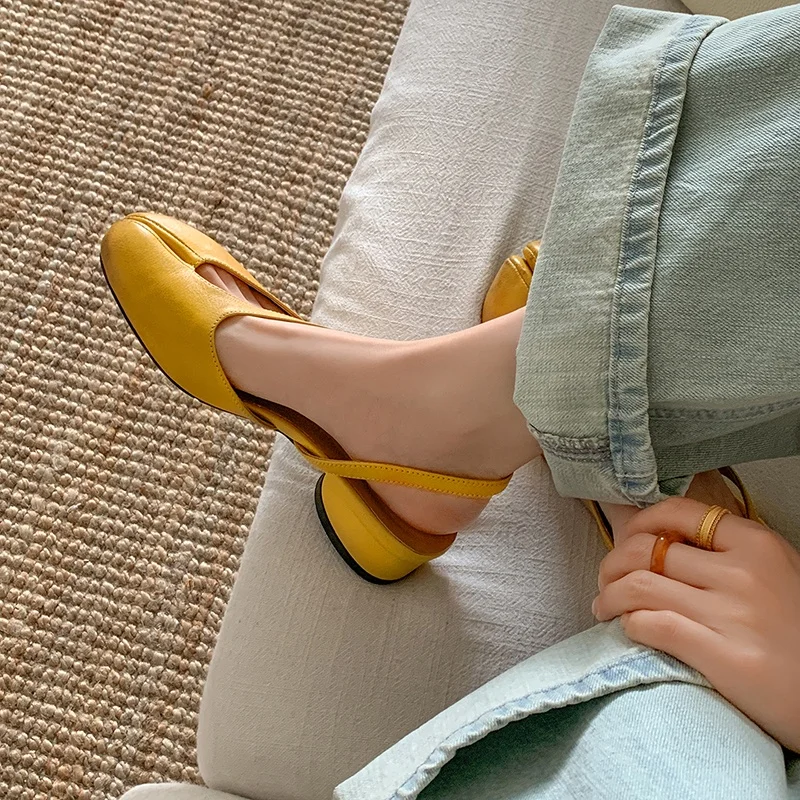 Sandales de luxe à talon moyen pour femme, en cuir véritable, à bout fendu, style slingback, chaussures de ballet, de marque, pour banquet et mariage