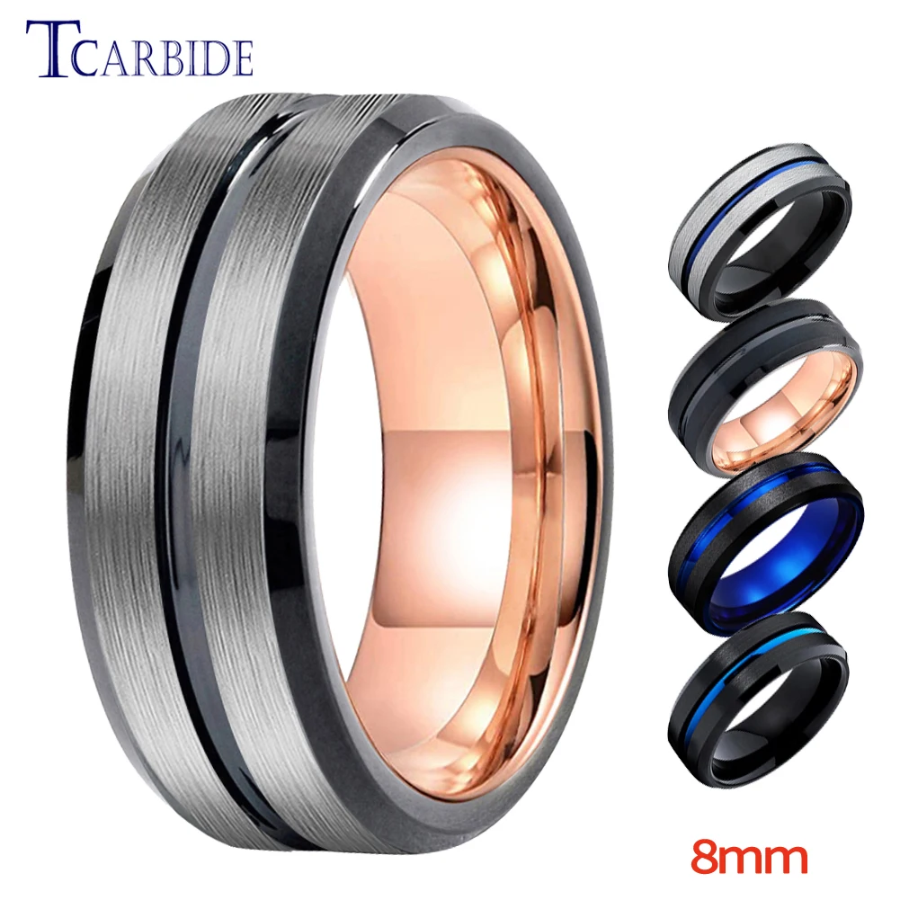 Dropshipping TCarbide 8MM Men Women Finger Ring Tungsten Wedding Band Multicolor Grooved Beveled Fashion Gift Jewelry