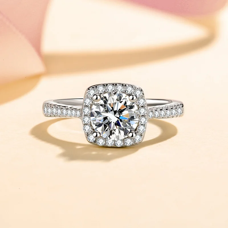 100% 18K Real Platinum PT950 Ring Women's 1 Carat Moissanite Square Package Four Claw Diamond Ring GRA Cartificate Fine Jewelry