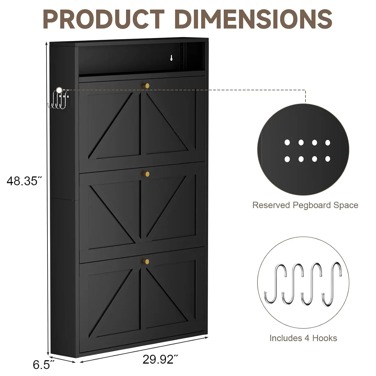 Enclosed Shoe Rack 3 Flip Storage Open Top Slim Wall Mounted Cabinet Pegboard Hooks Anti-Tip Black, Customized