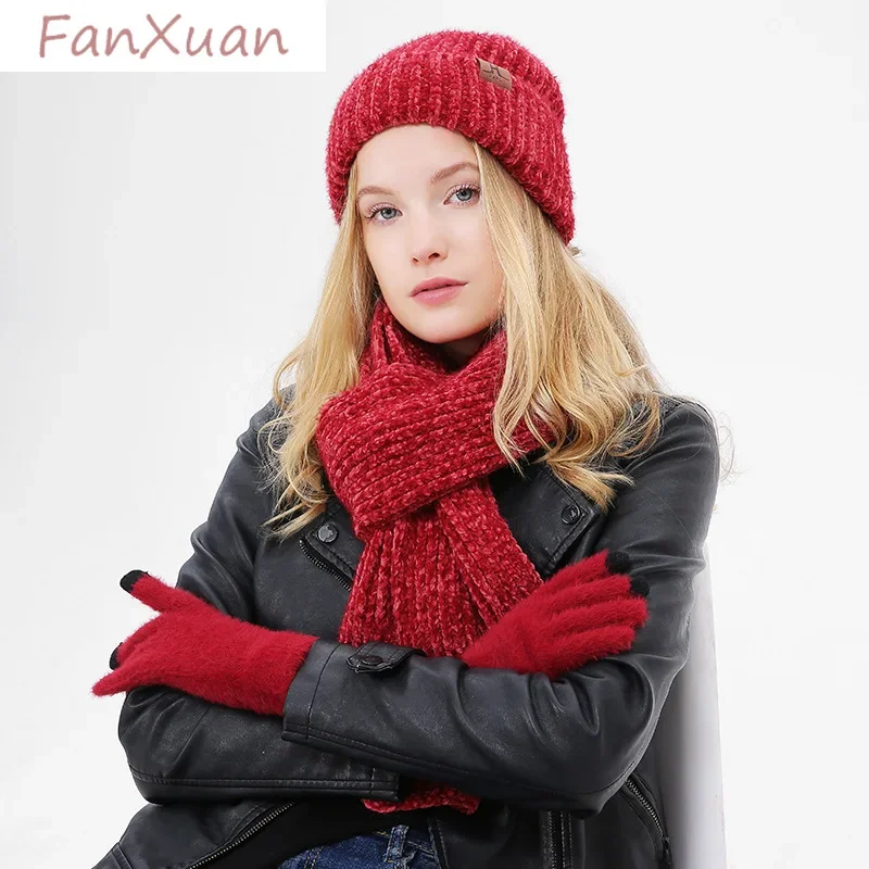 

3pcs Set Winter Hat Scarf Glove Sets for Women and Men Thick Warm Chenille Knitted Mens Winter Hats Set Long Scarves Gloves