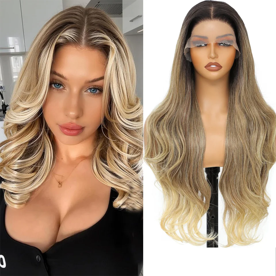 

30-дюймовый 13x4 Ombre Блондинка Прозрачные парики фронта шнурка Парик из синтетических волос Выделите 180% Плотность 13x4 Объемные волны Парики фронта шнурка