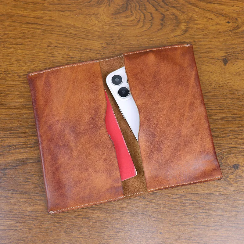 Phone Holder Document Organizer Bag Vegetable Tanned Leather Distressed Business Passport Holder Genuine Leather Men Long Wallet