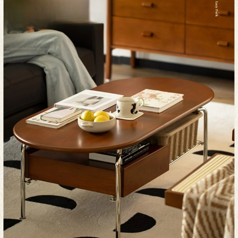 

wood coffee table, household stainless steel oval with drawers small table living room retro multi-functional tea table
