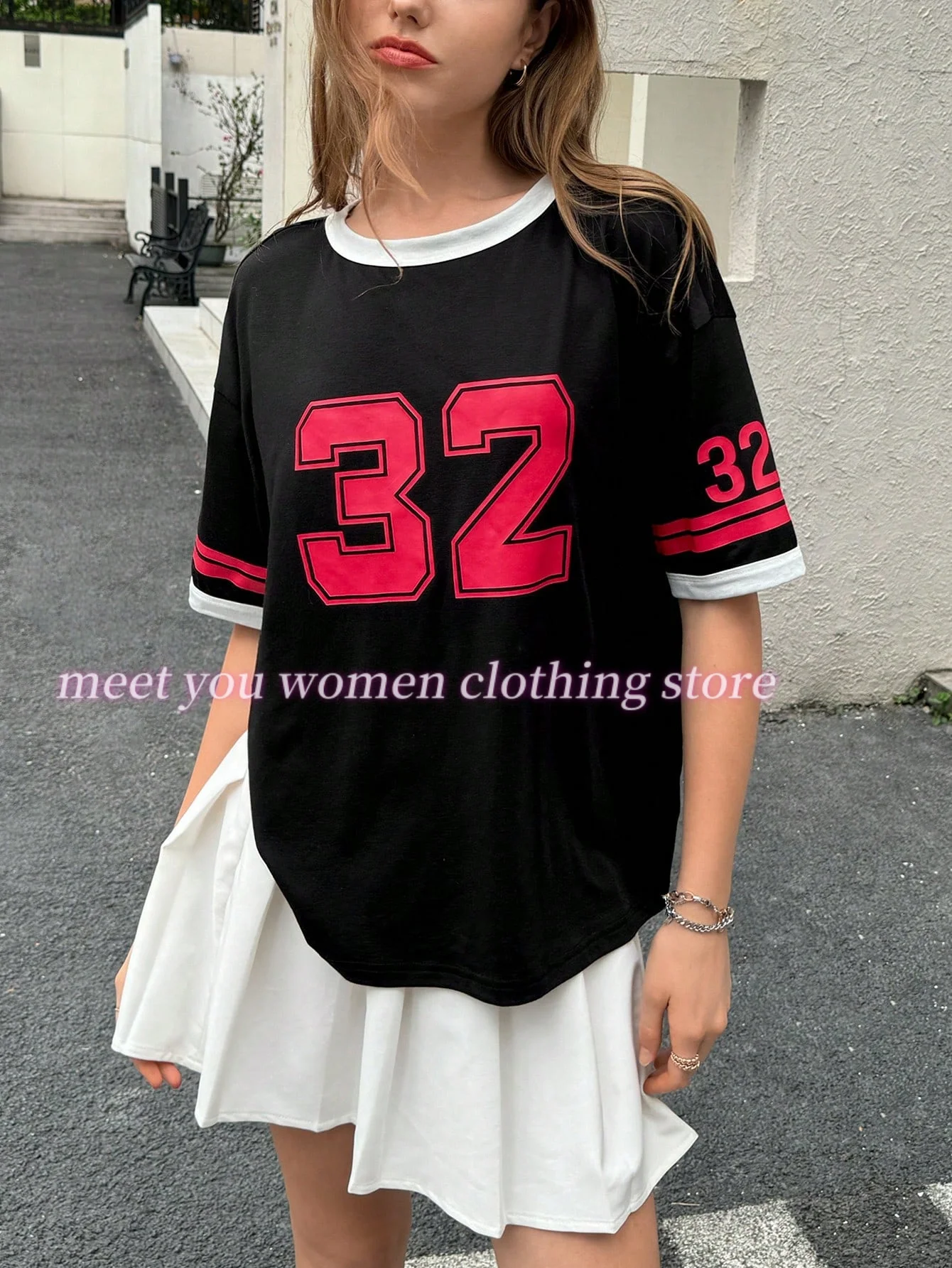 

Stripe NO.32&NO.23 Print Woman T Shirt Girl Oversize Daily Tops Female Tees Creativity Ttshirt Round Neck T-Shirt Casual Clothes