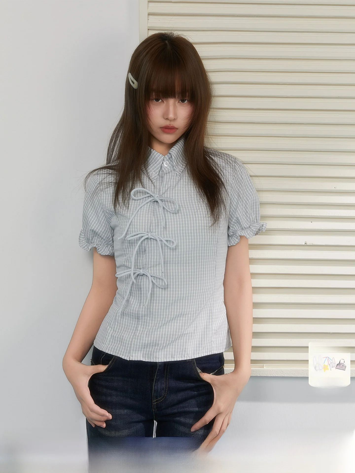 

STA Spring Summer Plaid ort Sve irt Bow Tie Waist Bubble Sve Slimming Top College Sle Girl's Faion Polyester