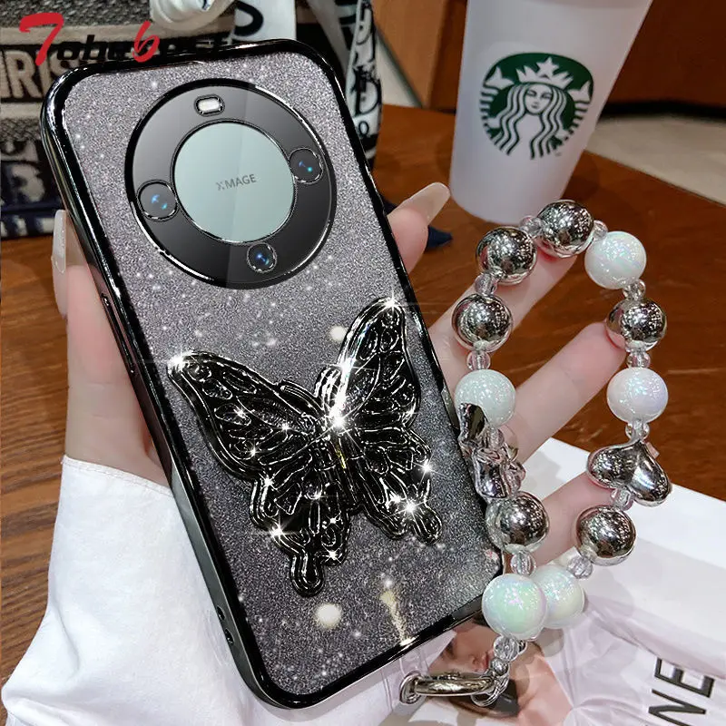 3D Butterfly Phone Holder Bead bracelet Glitter Plating Case for Huawei Mate 60 50 40 30 10 Pro Back Cover