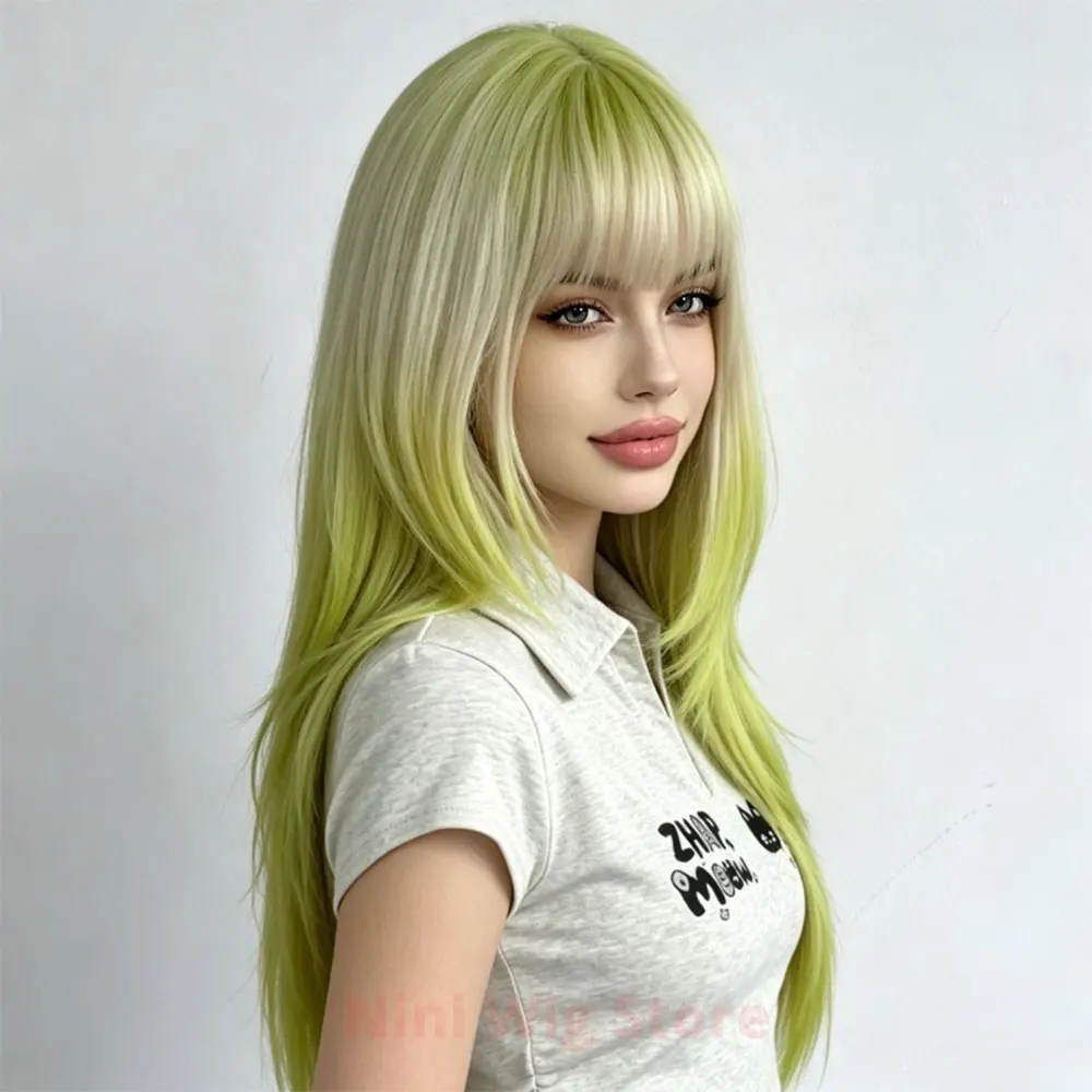 Green Synthetic Wig with Bangs for Women Long Cosplay Synthetic Hair Lolita Heat Resistant Natural Headband Hair Party Daily Use