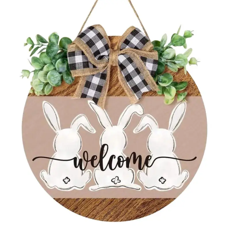 

Easter Wooden Sign Spring Wreath Front Door Wreath Bunny Family Wall Decor 30x30cm Wood Door Hanger With Eucalyptus Leaves