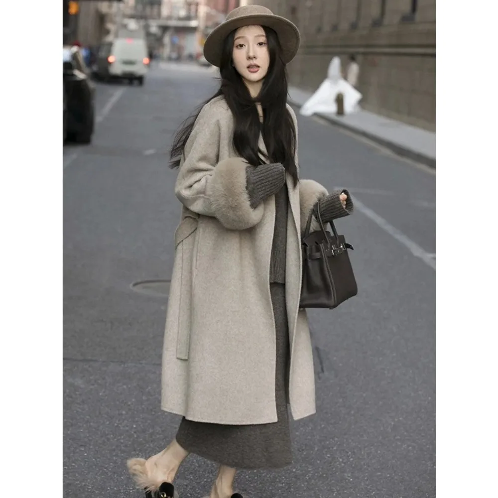 

Длинный свободный пояс с воротником из натурального лисьего меха, модное женское шерстяное пальто, осень-зима 2022, новая женская шерстяная куртка со съемным меховым рукавом