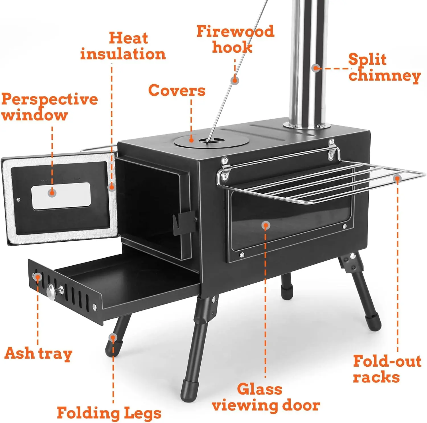 Portable Tent Wood Burning Stove with Chimney Pipes, Glass View Window & Side Rack, Foldable Camping Wood Stove for Outdoor Cooking, Tent Heating, Backpacking, Camping, Emergency Survival