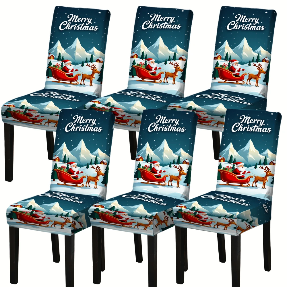 4/6pcs Elastic chair cover Merry Christmas Snowy Landscape Print Stretch Dining Room Seat Protector Set of 6 Festive Decor