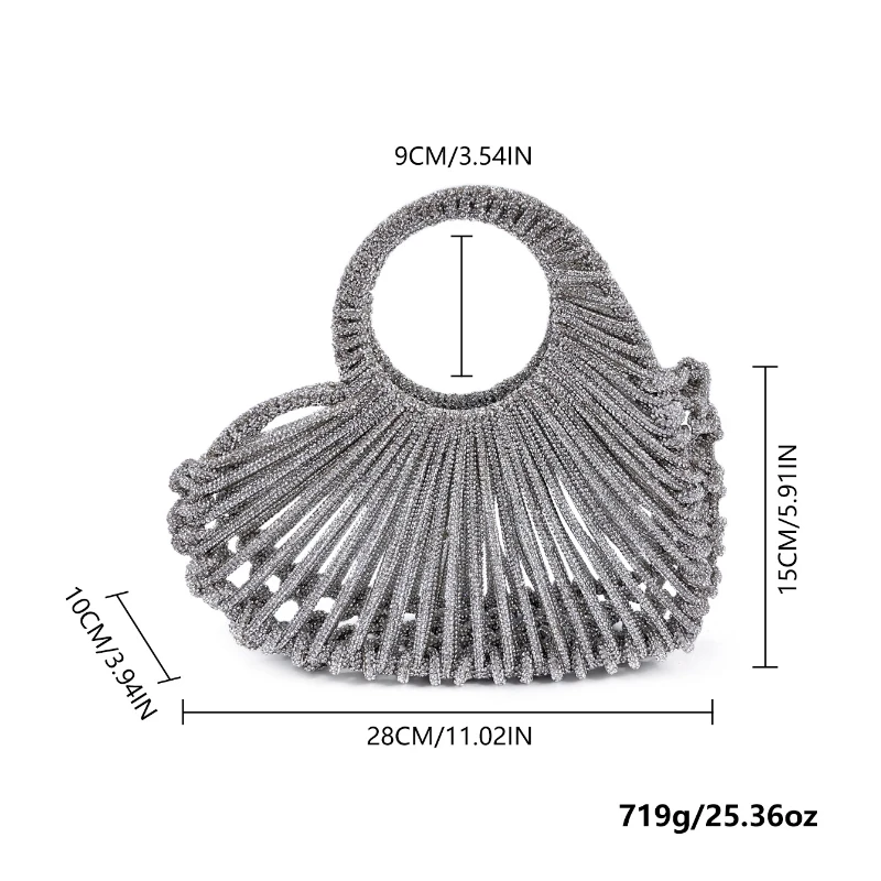 Heart-shaped Glitter Shiny Diamond Handmade Woven Beaded Silver Rhinestone Evening Bag Wedding Party Banquet Clutch Purse