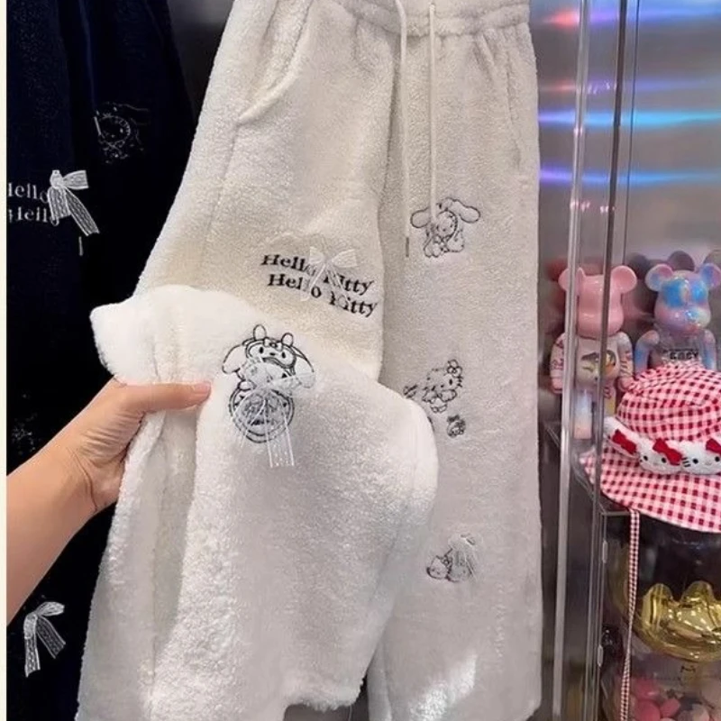 

Cartoon Pattern HelloKitty Embroidered Fleece Lined Sporty Casual Straight Leg Pants Women's Autumn Winter Thickened Loose Fit