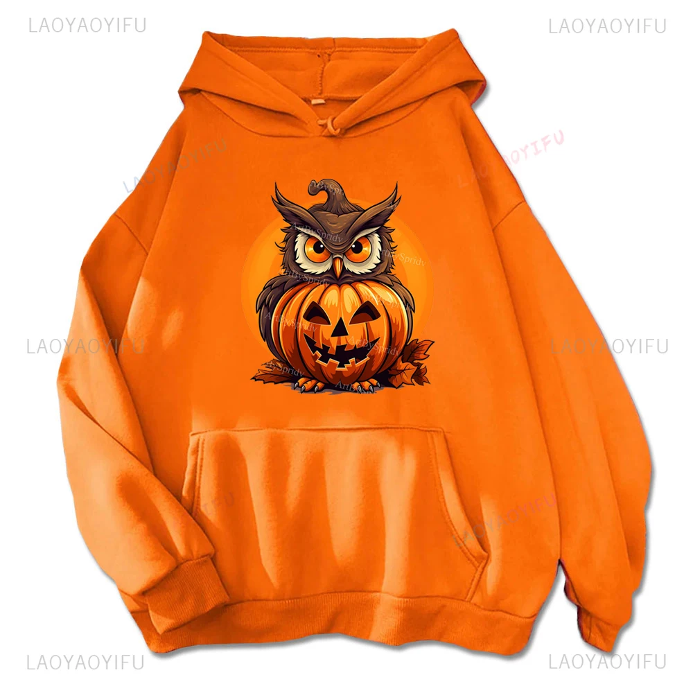 Kawaii Cartoon Owl Pumpkin Lamp Graphic Hallowmas Hoodie Trick or Treat Warm and Windproof Harajuku Casual Couple Hoodies