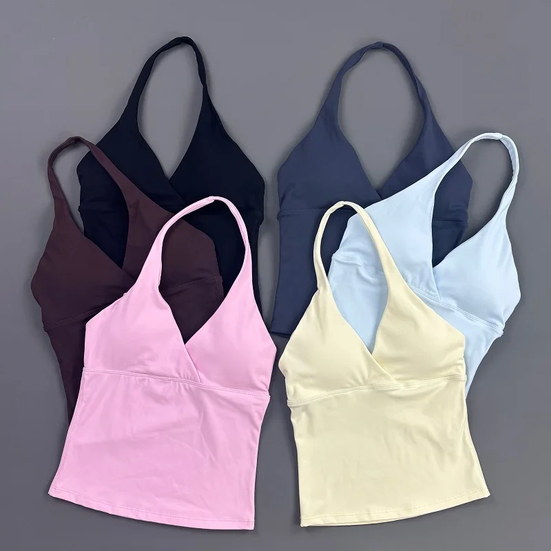 HISTELLO Origin Halter Top Women V‑Neck Cross Yoga Tank Top Removable Pads Soft Breathable Slim Fit Gym Pilates Sport Vest