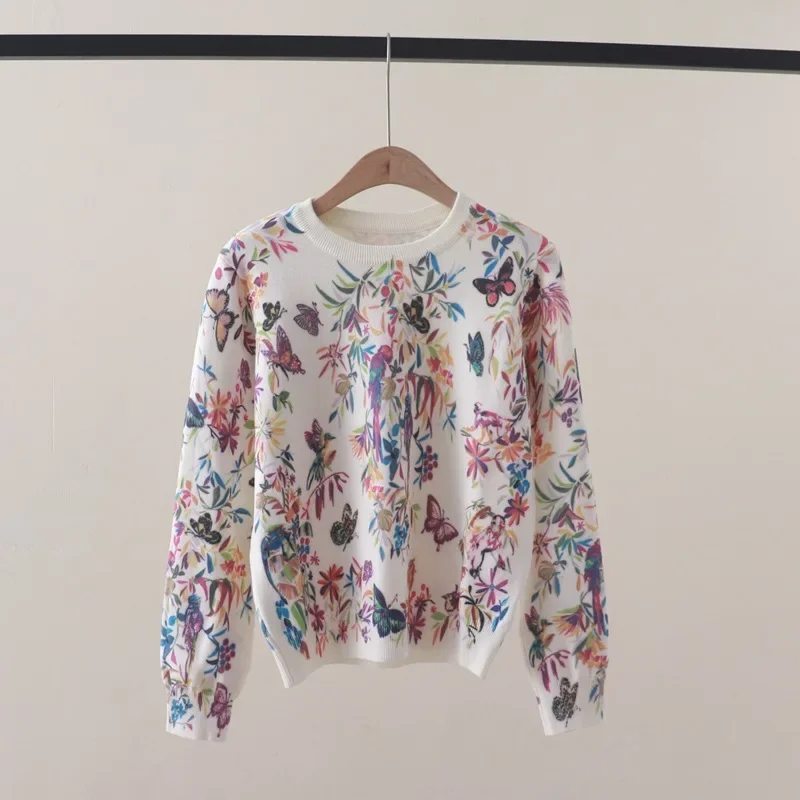 Vintage Butterfly Flower Print Women\'s Sweater for Women Autumn Winter O Neck Long Sleeve Pullover Tops Knitted Female Clothes