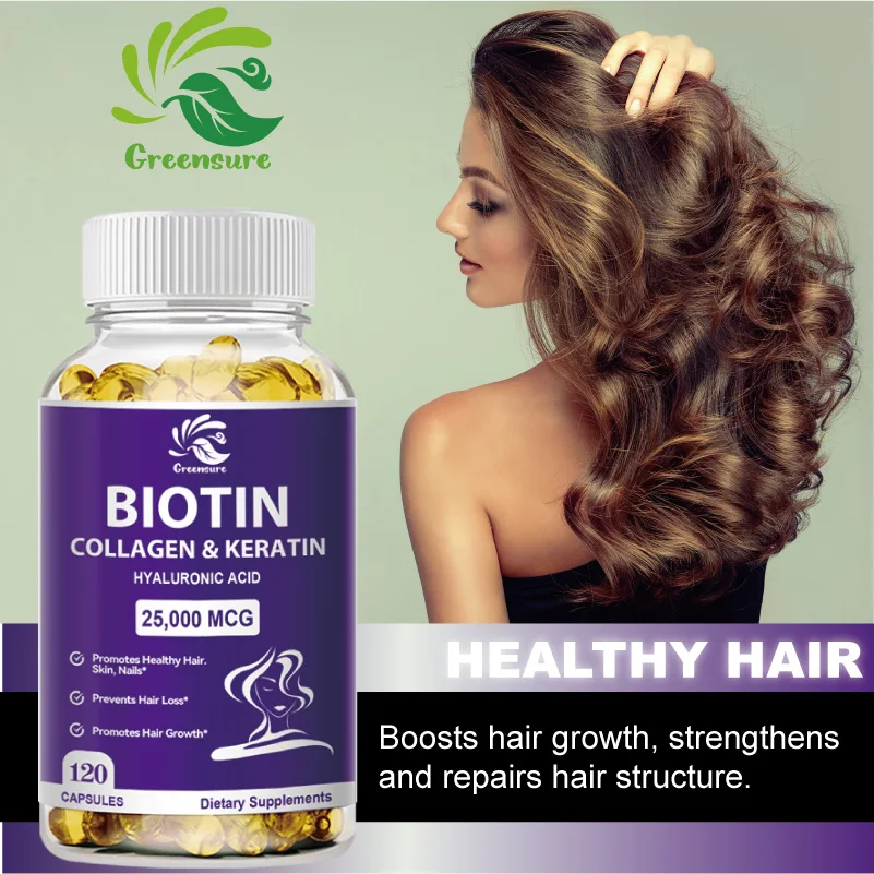 60/120Pcs Biotin & Collagen Supplement, Strong Nails, Shiny Hair, Glowing Smooth Skin, Vegetarian Capsules