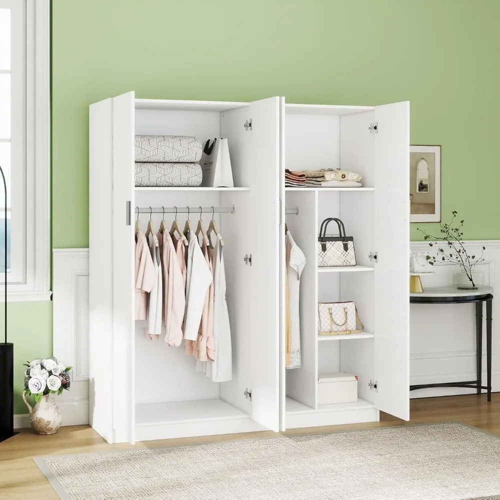 Armadio per camera da letto a 4 ante con ripiani, asta per appendere la camera da letto, bianco
