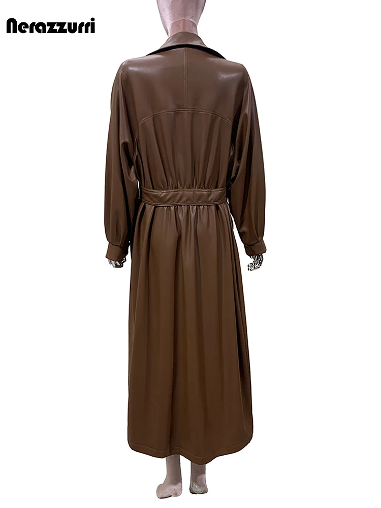 Nerazzurri Autumn Extra Long Soft Brown Fit and Flare Pu Leather Trench Coat for Women Sashes Elegant Chic Luxury Overcoat 2026