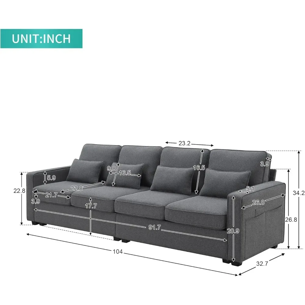 Sectional Living Room, Minimalist I Shape Couch, Compact Linen Fabric Modular Upholstered Sofa with Armrest Pocket and Cushions