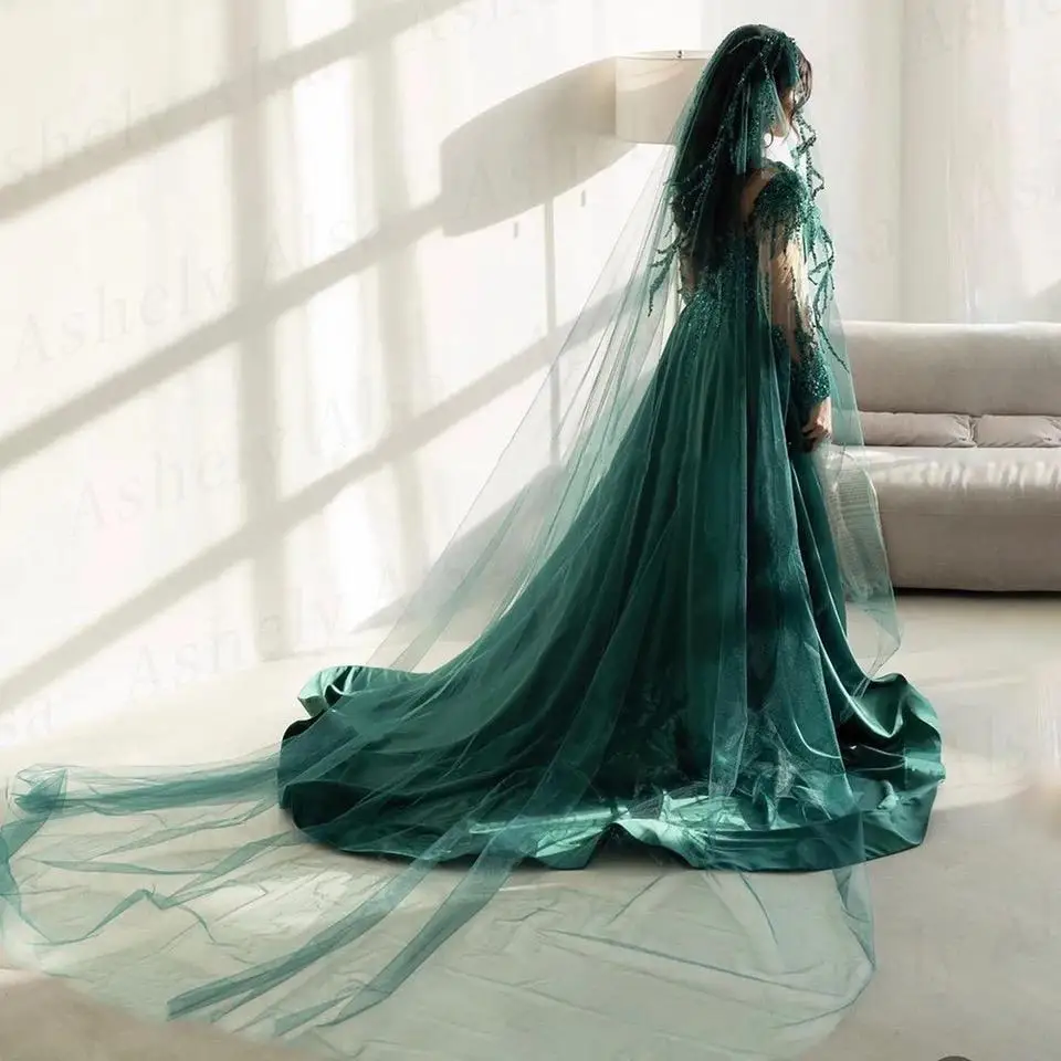 Customized Luxury Arabic Emerald Long Sleeve Evening Dresses With Train Satin Mermaid Women Formal Occasion Dress Prom Party