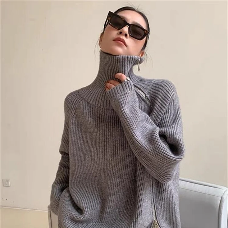 

Zippers Slit Turtleneck Knitted Woman Pullover Long Sleeve Office Sweater Clothes Autumn Winter Woman Design Jumper Top F209