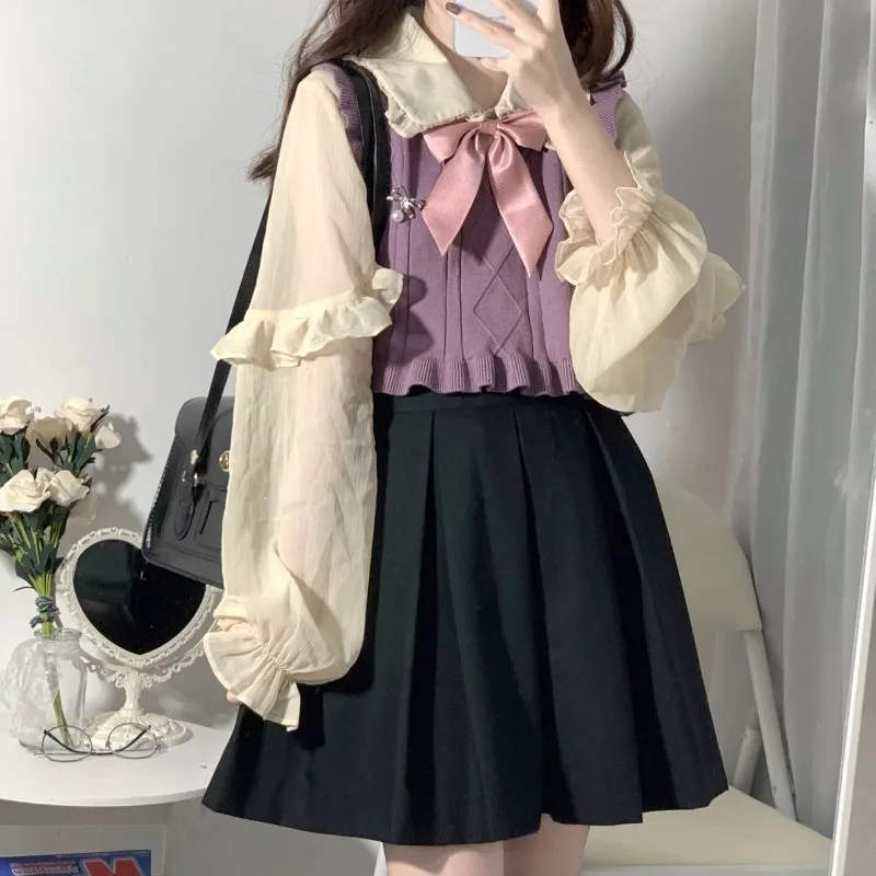 Hikigawa Chic Fashion Ruffled Patchwork Women Sweaters Vest + Bow Peter Pan Collar Long Sleeve Blouse New 2 Sets Ropa Mujer