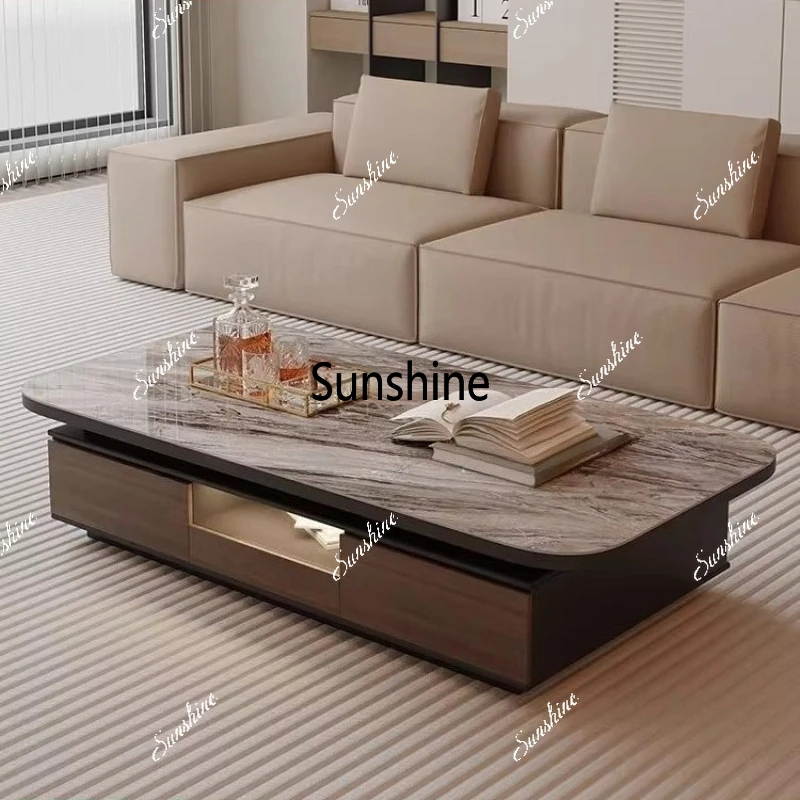 

Italian rounded corner coffee table, living room household small apartment solid wood rock slab coffee table