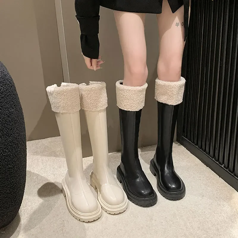 Women's New Autumn and Winter Long Boots with Plush Snow Cotton Boots Look Slim, Thick Soled, High Top Knight Boots