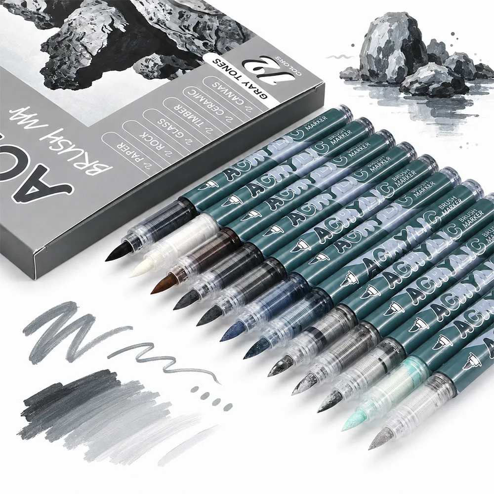 12 Farben Acryl-Marker-Set Permanente Marker mit Pinselspitze Acryl-Malmarker für Stein Glas Keramik Leinwand Holz Stoff – Detail 4