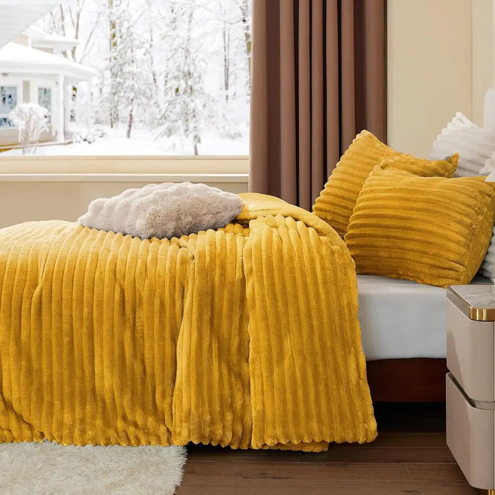 Selimut Bulu Lembut & Nyaman Warna Kuning Mustard dengan 2 Sarung Bantal untuk Malam Musim Dingin yang Mewah