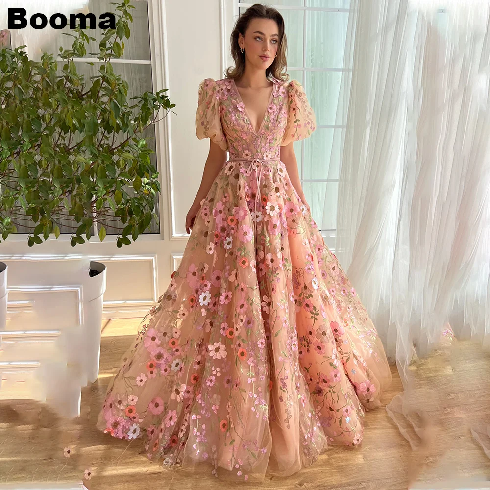 Booma Embroidery Lace Long Prom Dresses Deep V Neck Short Sleeves Graduation Party Gowns A-Line Floral Evening Dress