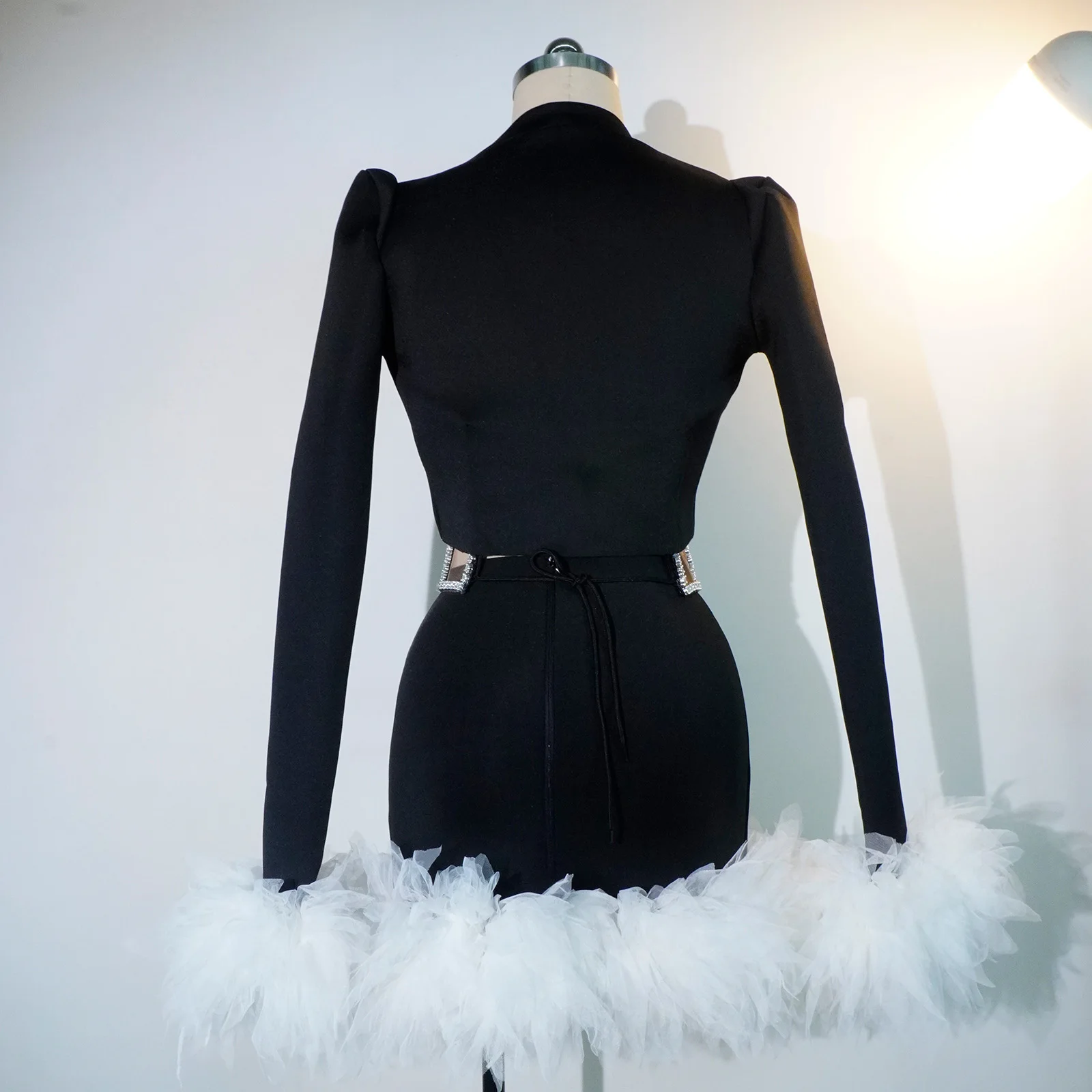 สีดําเสื้อคอปก Rhinestone Bustier ชุดกระโปรง Feather Hem Party ลาก Queen gogo เต้นรําเครื่องแต่งกายชุดเวที dj