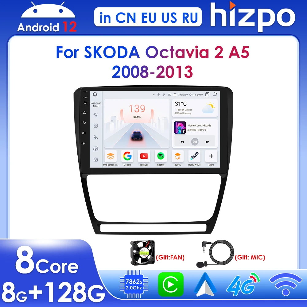 

Hizpo 10.1" Wireless Carplay Android for Skoda Octavia 2 2008-2013 Car Multimedia Player 2din Radio BT GPS Navi Stereo DSP FM 4G