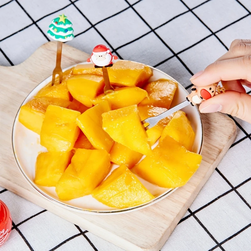 5 قطعة شوكة حلوى الفاكهة مع قاعدة مسواك قابلة لإعادة الاستخدام لعيد الميلاد يختار الطعام شوكة المقبلات الكرتونية لكعكة الوجبات