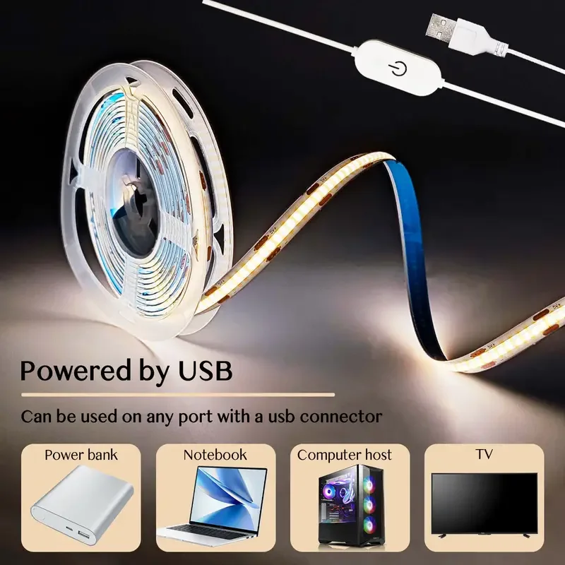 COB LED Strip Light Smart Touch Dimmer Flexible Diode Tape USB 5V 320LEDs/M Lighting Lamp For Home Room Kitchen Backlight Decor