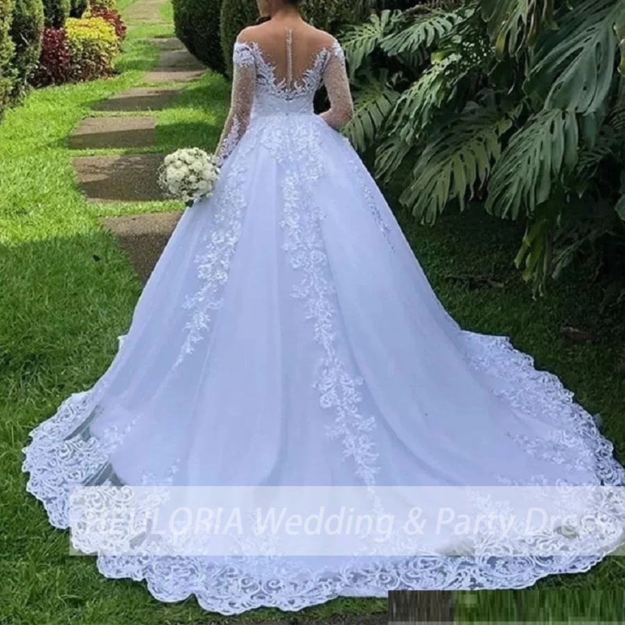 Vestido De novia De manga larga con hombros descubiertos, traje De novia con Apliques De encaje, tren De barrido