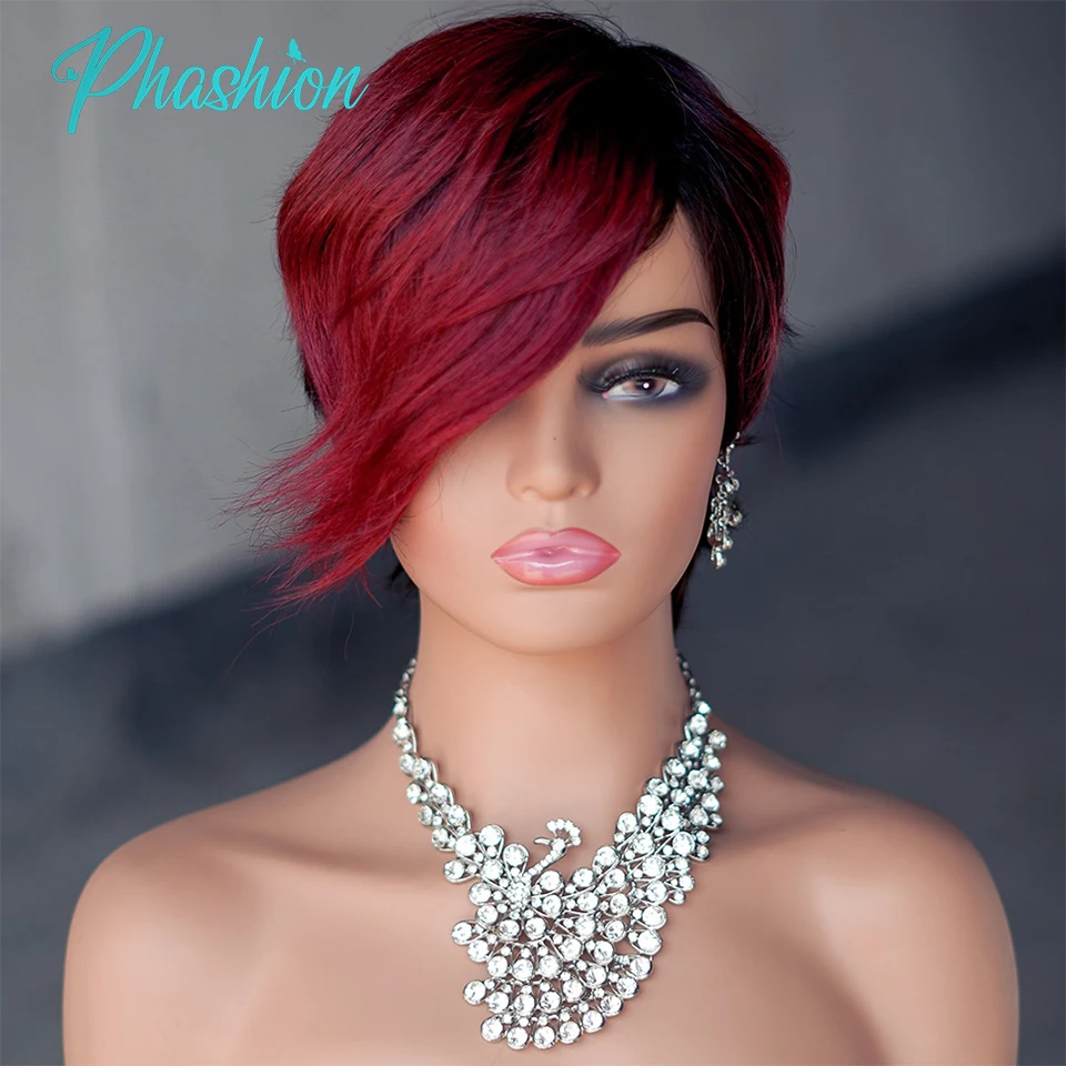 

Phashion Colored T1B/99J Pixie Cut Human Hair Wigs With Bangs Red Short Straight Wig Brazilian Remy Cheap Machine Made On Sale