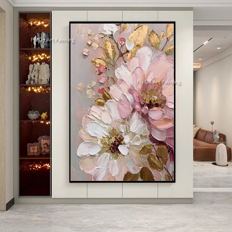 Abstract Popular Design Artwork Handmade Pink White Flowers Canvas Wall Art Decor For Room Simple Blue Red Florals Oil Painting