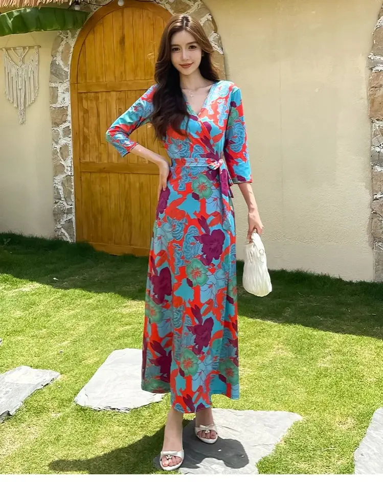 ZAROY Elegant Floral Beach Vacation Wrap Long Dress Summer Women Clothes Sexy V Neck Half Sleeve Belted Dress Vestido De Verano