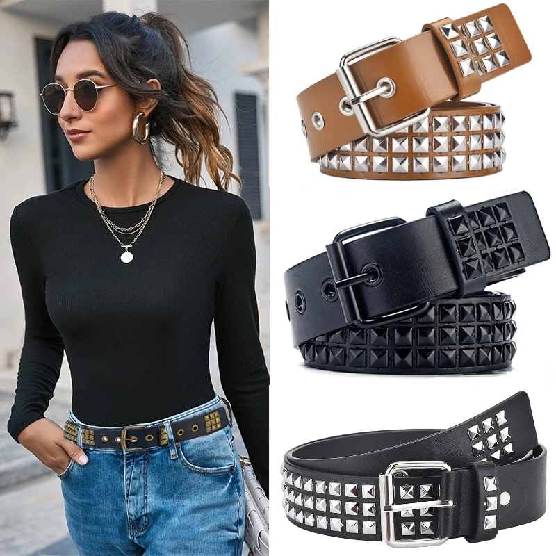 

Women Belt Punk Hardware Jeans Square Beads Rivet Black Eyelet Metal Belt Decoration Belt Pin Waistband Harajuk