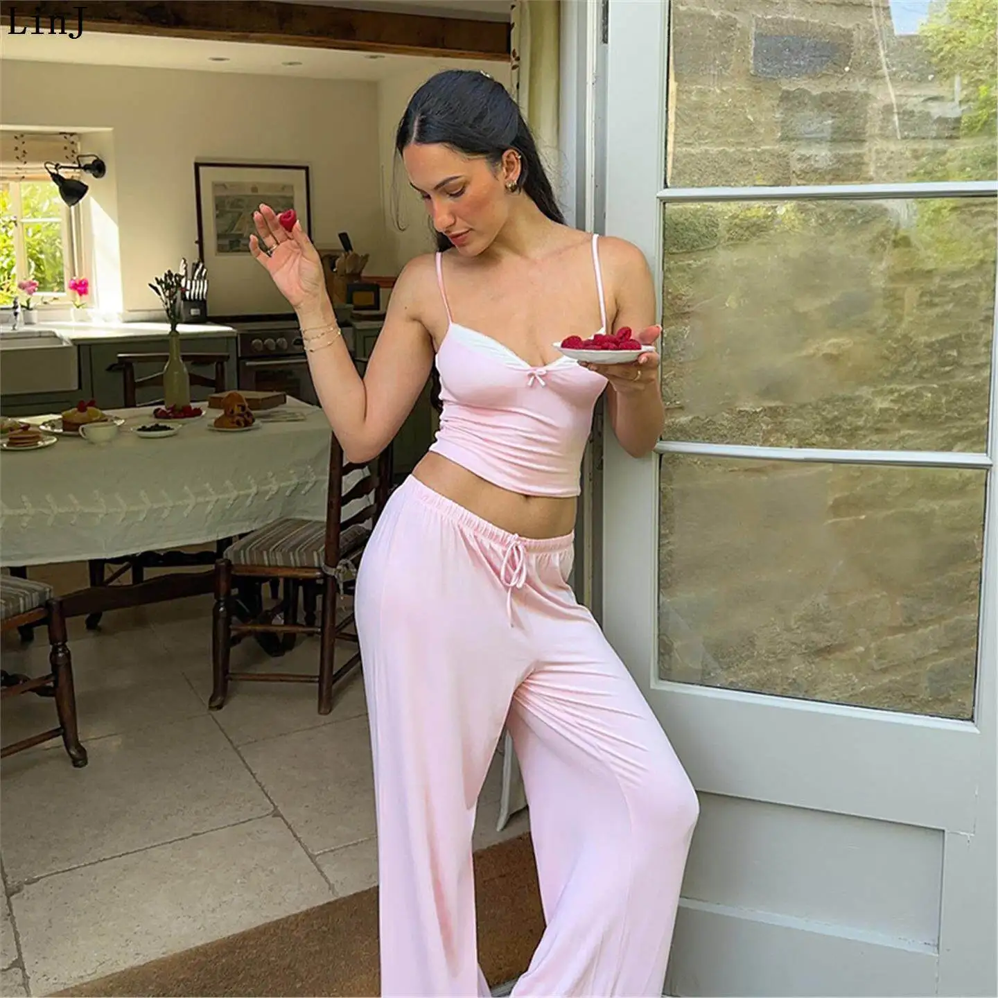 

Sexy Deep V Patchwork Knot Long Pants Sleepwear Ladies Home Clothes LinJ New Arrival Women's Fashion Set Casual Aut...